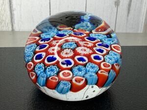 Vintage Italian Murano Millefiori Art Glass Paperweight Red Blues READ
